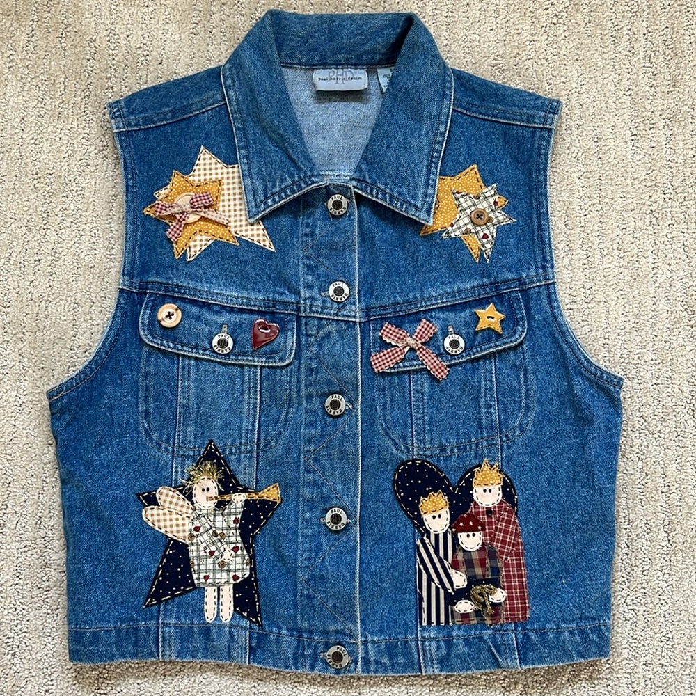Paul Harris Denim Vintage Christmas Vest w/ Embroidered Patches Size S
